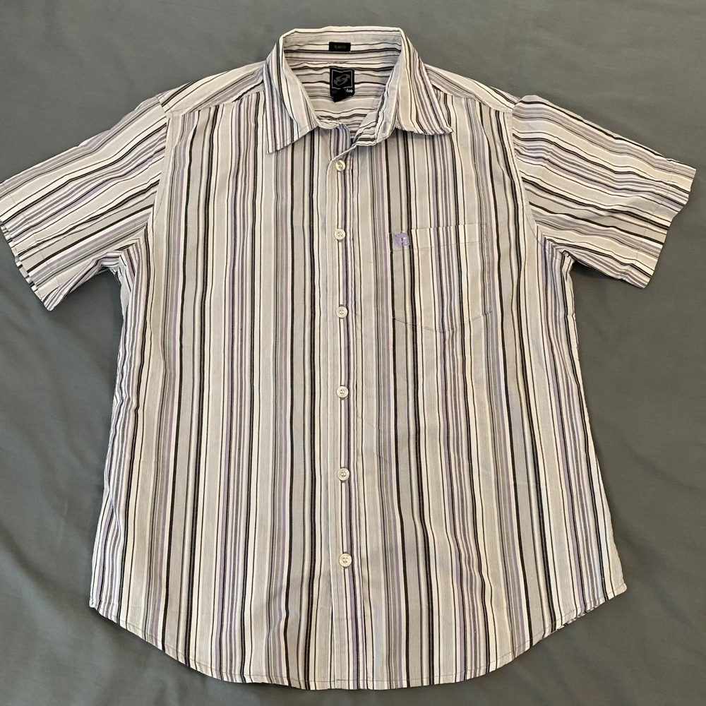 Anchor Blue Shirt Mens Medium White Stripe‎ Short Sleeve Button Front Casual